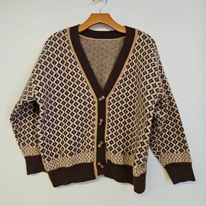Jacquard Chocolate Brown Knit Cardigan Sweater Size L Women's Academia Old Money
